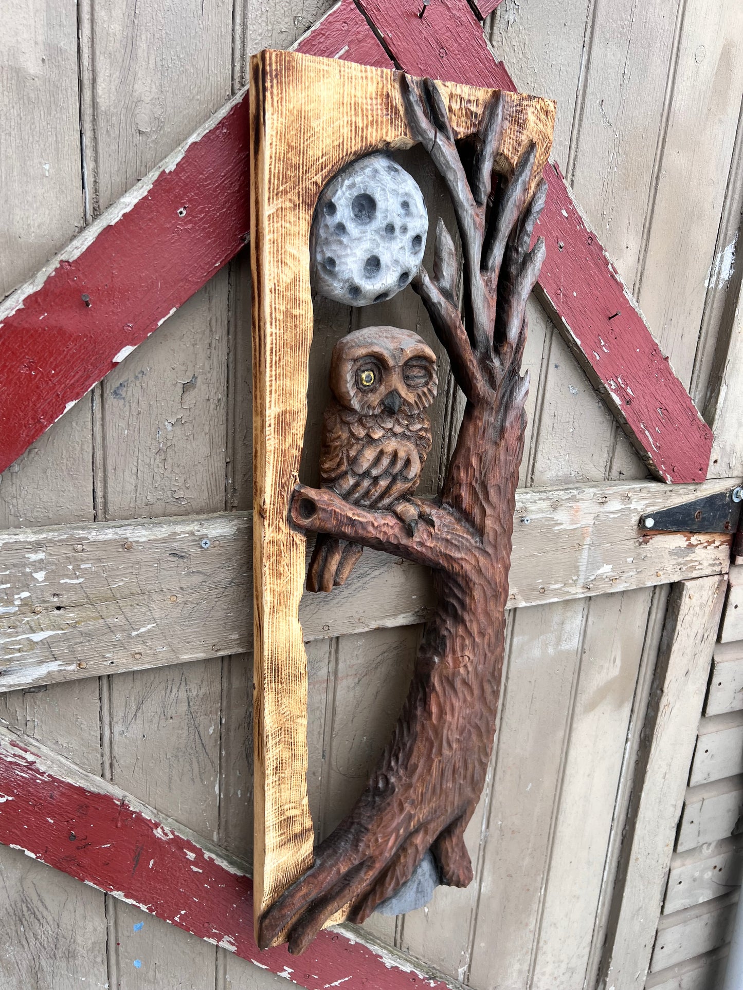 Chainsaw carved wall art . Owl in a tree (SOLD OUT)