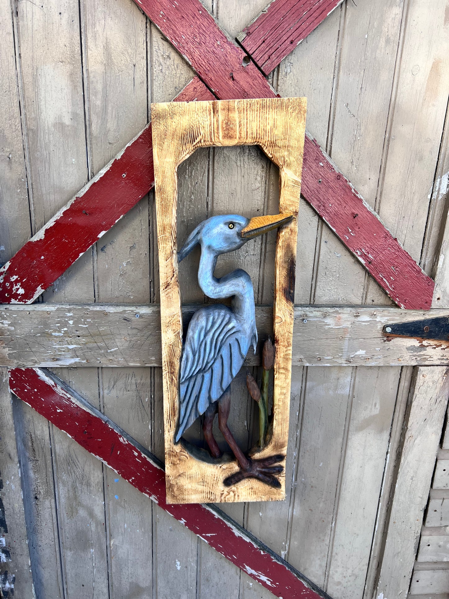 Wall decor .Chainsaw carved Blue Heron