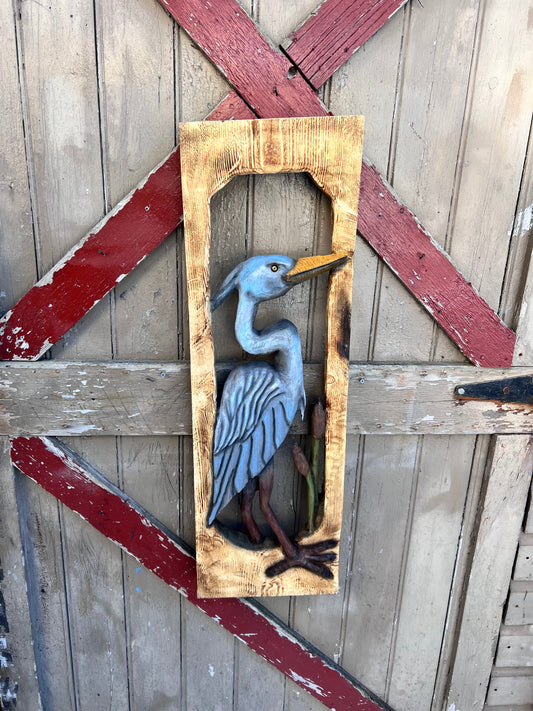 Wall decor .Chainsaw carved Blue Heron