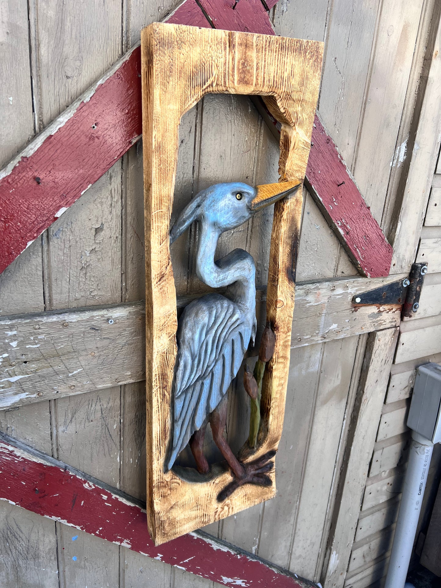 Wall decor .Chainsaw carved Blue Heron