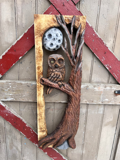 Chainsaw carved wall art . Owl in a tree (SOLD OUT)