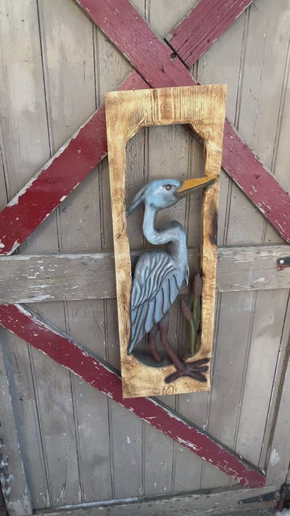 Wall decor .Chainsaw carved Blue Heron