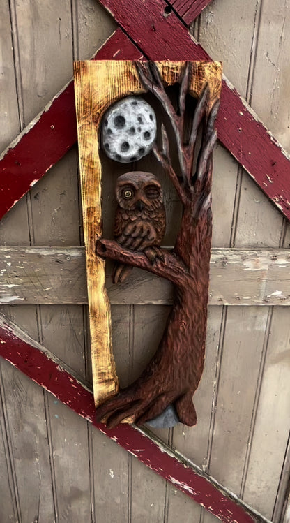 Chainsaw carved wall art . Owl in a tree (SOLD OUT)